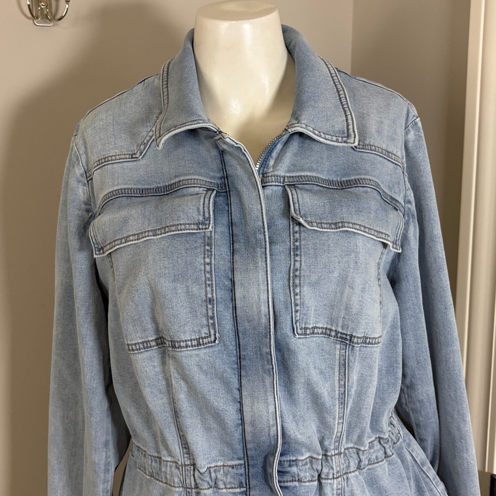 White House Black Market Cinched Waist Denim Jacket Peplum Front Zip Sz L - Picture 5 of 14